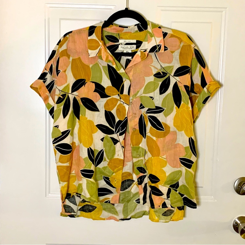 Women’s 100% Linen Floral Button Up Shirt Size Medium Rachel Zoe Wooden Buttons